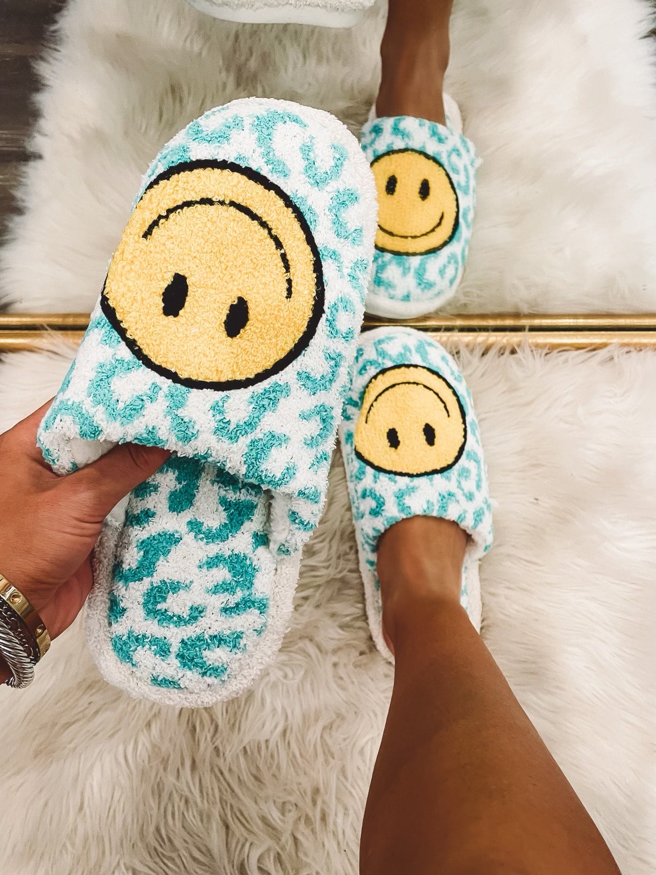 Mint Leopard Smiley Cozy Slippers