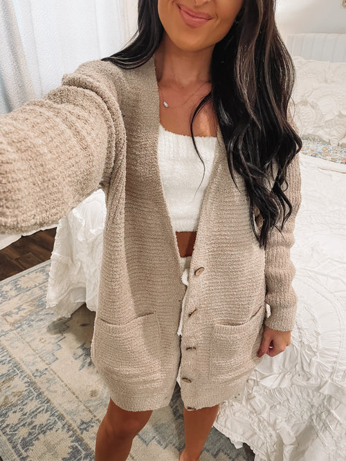 Solid Button Cardigan in Beige