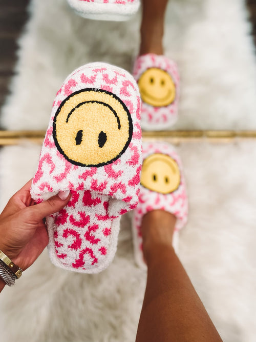 Pink Leopard Smiley Cozy Slippers