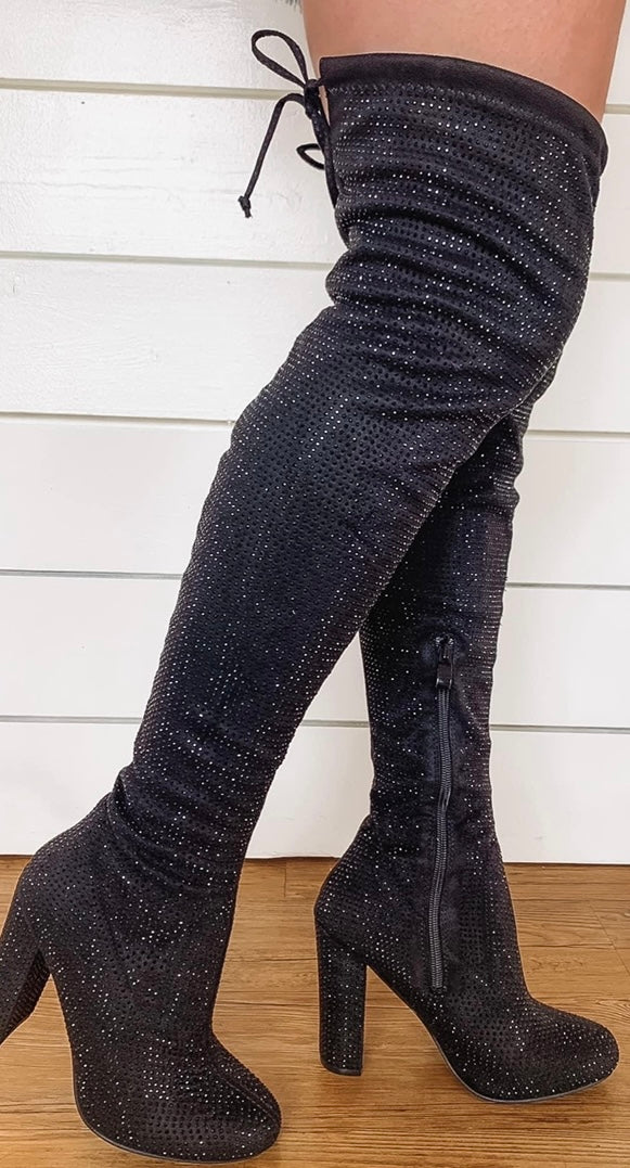 Diamond Knee High Boots in Black
